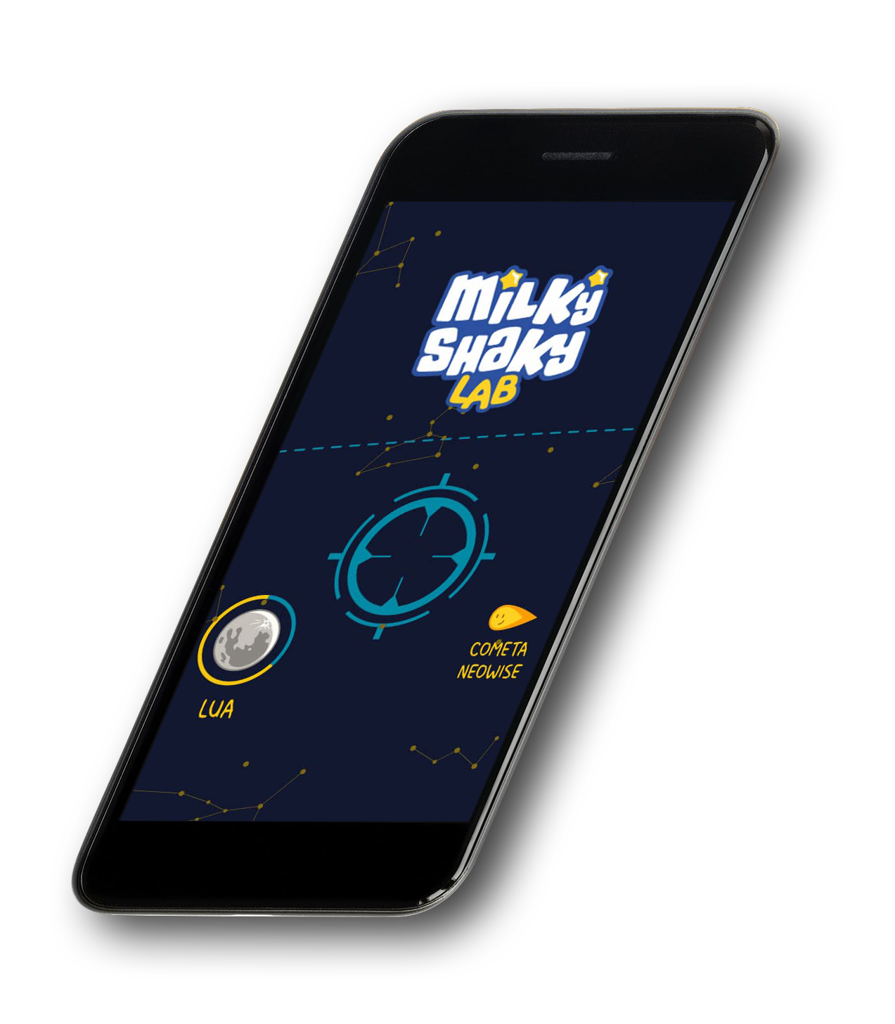 Imagem de celular com a tela do jogo Milky Shaky LAB. Nele há uma mira central e dois corpos celestes: Lua e Cometa Neowise