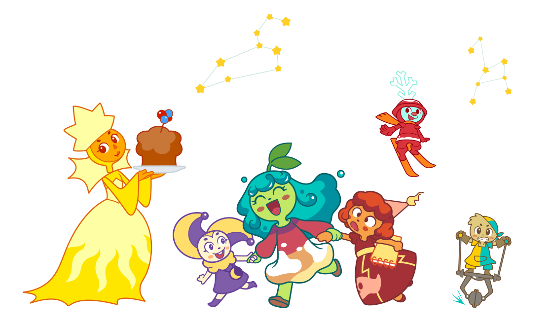 Conjunto de personagens do Milky Shaky LAB. Podemos ver a Queen Sunny segurando um bolo de chocolate com átomos, Princesa Terra está puxando Aia Lua e Princesa Vênus. Já Príncipe Marte está voando com skyboard e Príncipe Mercúrio está usando seu patinete de uma roda só.