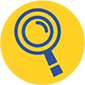 ícone minimalista de uma lupa na cor azul com círculo amarelo.